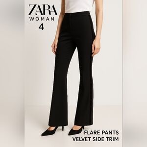 Zara Women's Black Flare Dress Pants Velvet Side Trim Polyester Size 4